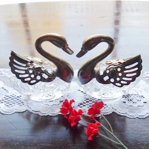 Swan Salt Cellars, Italian Lead Crystal Salt Dips with Silver Plated Wings, Vintage Art Glass Flutter Swan Set