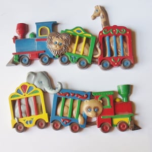 Two Zoo Train Wall Plaques, Pair of Burwood Plastic Animal Train Wall Hangings, Vintage Home Interiors Wall Plaques