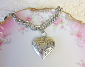 Heart Locket Charm Bracelet, Vintage Silver Charm Link Chain Bracelet