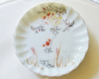 Hand Painted Floral Butter Pat Dish with Ruffled Edge, Small White Floral Side Dish, Vintage Unmarked Formal Butter Dish