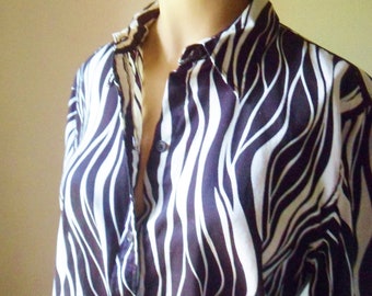 Chaps Button Down Zebra Shirt, Womens Vintage Long Sleeve Zebra Blouse, Size L