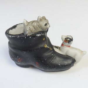 Black Shoe Mini Vase with Cat and Dog, Button Up Shoe Planter, Vintage Japan Pottery 40s