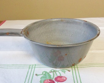 Farmhouse Saucepan, Distressed Enameled Graniteware, Mottled Gray Metal Civil War Era Pan, Antique Cooking Pan