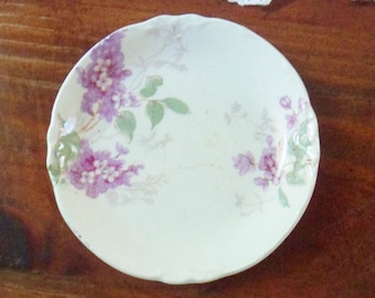 Booths Royal Semi Porcelain Staffordshire England Butter Pat Dish, Purple Lilacs Antique French Side Dish 1880s