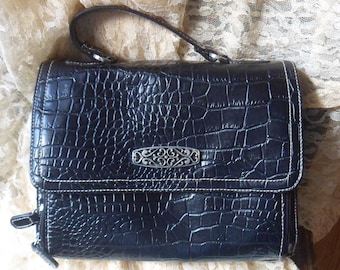 Black Faux Alligator Satchel Purse, Black Faux Leather Top Handle Vintage Bag