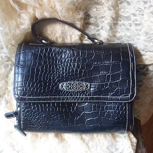 Cartera tipo sobre de piel de cocodrilo sintética negra, bolso vintage con asa superior de piel sintética negra