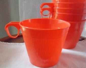 Six Orange Cups, Plastic Lady Arnold Coffee Cups, Vintage Arnoldware Camping Cups