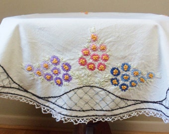 Handmade Hand Embroidered Small Round Tablecloth with Raised Flowers and Crocheted Lace Trim, 30 inch, Vintage Needlecraft