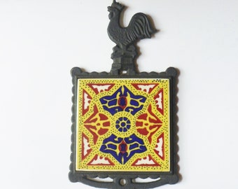 Mexican Tile Trivet, Cast Iron Trivet with Rooster and Ceramic Tile Center, 60s Mexican Art, Ideal Standard Mexico Trivet