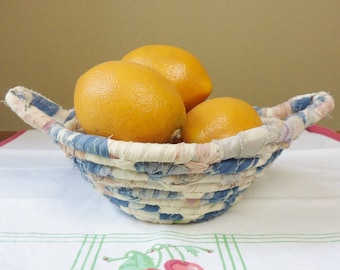 Small Rag Basket with Handles, Vintage Handmade Farmhouse Rag Bowl, Blue and White Rolled Rags, 7 1/2 inch Diam