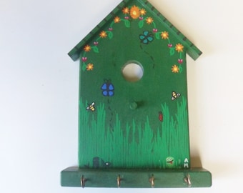Birdhouse Key Holder, Handmade Hand Painted Wooden Birdhouse Key Rack with Four Hooks, Vintage Wall Hanging
