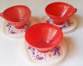 Seven Piece Rock n Roll Tea Party Set, Irwin Toy Cups and Saucers, Vintage Soft Plastic Play Dishes