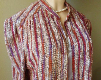 Brown Striped Knit Jacket, Size M, Light Weight Vintage Jacket with 3/4 Sleeves