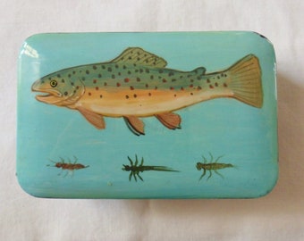 Rainbow Trout Box, Russian Box with Fish, Black Lacquered Enamel Box with Rainbow Trout, Vintage Art Box