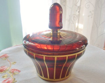 Art Deco Amber Glass Covered Vanity Bowl with Gold Stripes, Vintage Art Glass Dresser Dish with Knob Lid