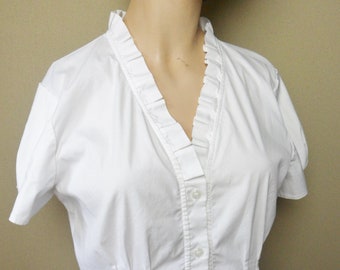 Alfani White Button Down Blouse, Vintage Fitted Pleated Short Sleeve Dressy Blouse, Size 10
