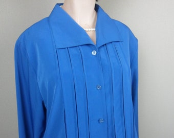 Christie and Jill Blouse, Dark Aqua Blue Long Sleeve Button Down Blouse with Inverted Pleats, Vintage Sheer Dressy Blouse, Size Large