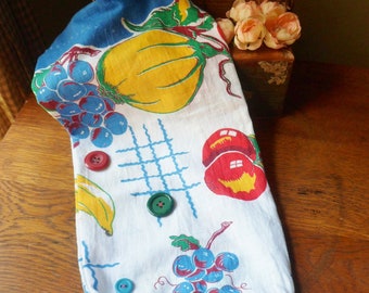 Small Flour or Sugar Sack with Buttons, Fruit Pattern Vintage Hanging Flour Bag, 40s