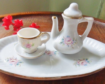 Miniature Tea Set, Dollhouse China, Five Piece Victorian Tea Set, Vintage Teacup Saucer Teapot and Tray with Pink Roses