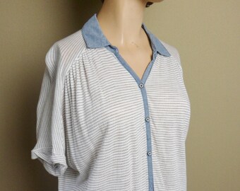 Lucky Brand Button Down Shirt with Short Sleeves, Thin Vintage Gray Pinstripe Stretch Knit Top with Denim Collar, Size M