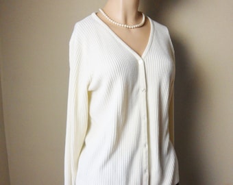 Good Clothes Cardigan Sweater, Ivory Color Ribbed Knit Long Sleeve Sweater, Super Soft Vintage Cardigan, Size M