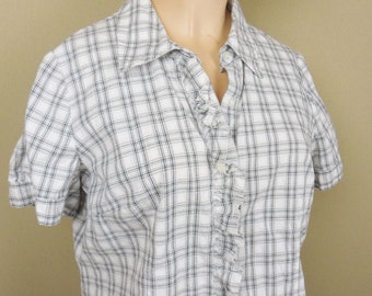 St Johns Bay Button Down Blouse, Vintage Black and White Plaid Short Sleeve Shirt, Ruffled Front Fitted Cotton Top, Size M