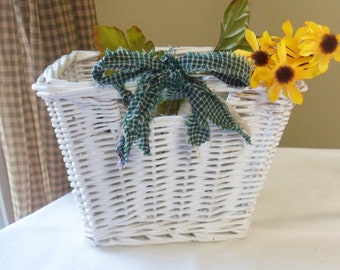 White Wicker Basket with Handles, Vintage Painted Wicker Basket with Green Shabby Frayed Bow