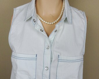 Derek Heart Sleeveless Shirt with Pearl Snaps, Light Blue Top with Blue Top Stitching, Size S, Vintage Snap Down Cotton Shirt