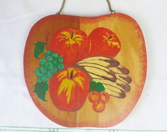 Apple Cutting Board with Chain and Knife Slot, Hand Painted Wooden Apple Wall Hanging, Vintage Apple Cheese Board, Japan