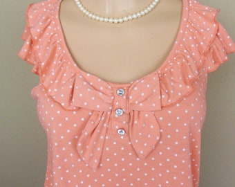 Lena Orange Polka Dot Ruffled Top, Vintage Pullover Top with Rhinestone Buttons and Elastic Hem, Size Medium