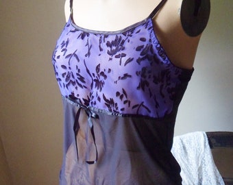 Purple Camisole Sleep Top, Size Medium, Vintage Floral Flocked Bodice with Stretchy Black Sheer Skirt Sleep Top