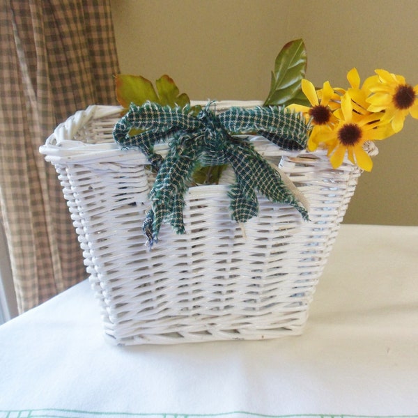 White Wicker Basket with Handles, Vintage Painted Wicker Basket with Green Shabby Frayed Bow