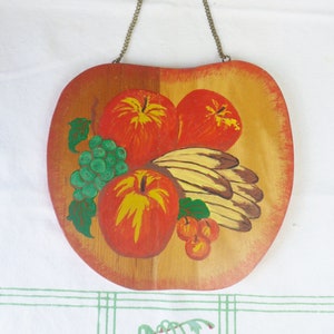 Apple Cutting Board with Chain and Knife Slot, Hand Painted Wooden Apple Wall Hanging, Vintage Apple Cheese Board, Japan