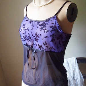 Purple Camisole Sleep Top, Size Medium, Vintage Floral Flocked Bodice with Stretchy Black Sheer Skirt Sleep Top