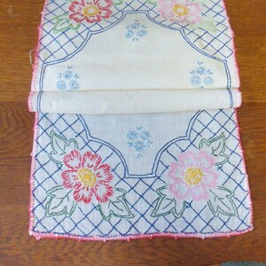 Red White and Blue Floral Dresser Scarf, Vintage Handmade Embroidered Linen Runner