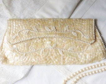 CLEARANCE Simon Sequin and Seed Bead Clutch Purse, Ivory Color Evening Bag Edged with Faux Pearls, Missing Sequins