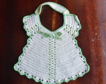 Hand Crocheted Baby Bib, White Christening Bib, Crocheted Bib with Green Satin Ribbon, Vintage Needlecraft
