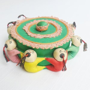 Peut inclure: Une boîte en tissu verte vintage avec un dessus circulaire, ornée d'une bordure en dentelle rose et d'un petit bouton central. La boîte est entourée de petites figurines en forme de poupées de différentes couleurs, chacune avec un pompon noir.