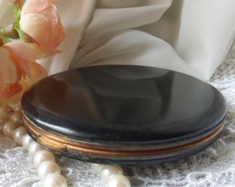 Lin-Bren Leather Powder Compact, Polished Black Leather Vintage Mirrored Compact
