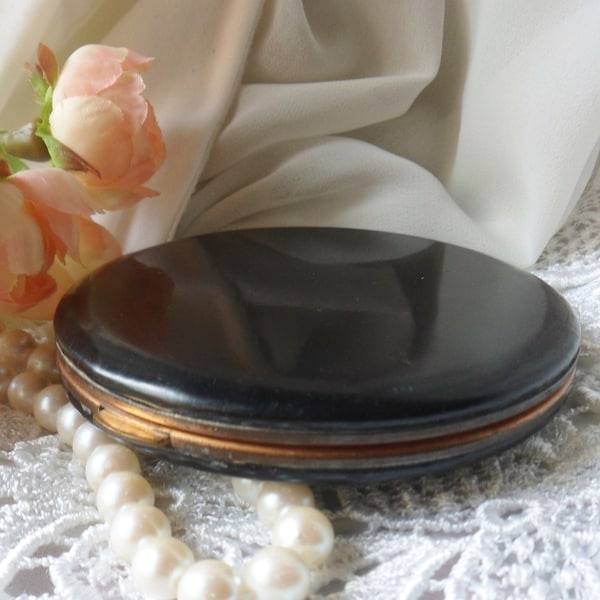 Lin-Bren Leather Powder Compact, Polished Black Leather Vintage Mirrored Compact