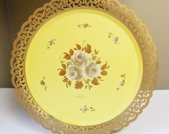 Hand Painted Nashco Tray, Signed Vintage Metal Floral Reticulated Yellow Serving Tray