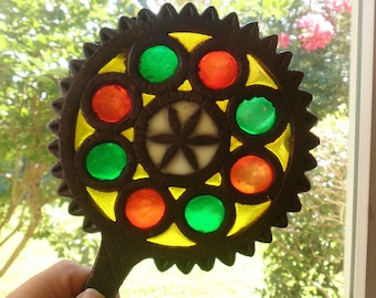 Stained Glass Cast Iron Trivet, Vintage Paddle Shaped Trivet with Sawtooth Edge