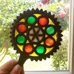 Stained Glass Cast Iron Trivet, Vintage Paddle Shaped Trivet with Sawtooth Edge