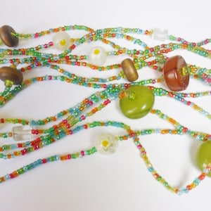 Three Art Glass Necklaces, Seed Bead Molded Glass and Wooden Bead Necklaces, Long Vintage Bohemian Necklace