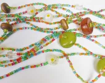 Three Art Glass Necklaces, Seed Bead Molded Glass and Wooden Bead Necklaces, Long Vintage Bohemian Necklace
