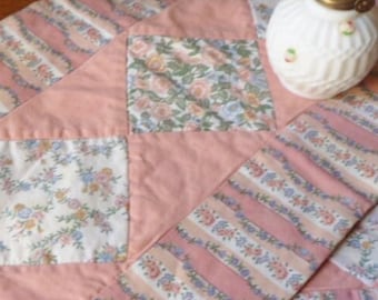 Two Pink Floral Patchwork Placemats, Vintage Slightly Quilted Patch Placemats