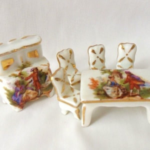 Limoges French Dollhouse Furniture, Vintage Miniature Porcelain Diningroom Set, Seven Piece Limoges Dining Set