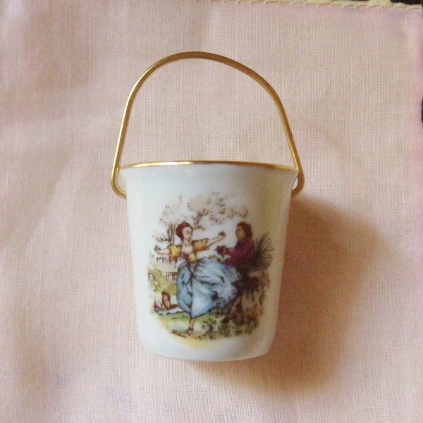 Miniature Limoges Bucket, Tiny Porcelain Pail with Courting Couple