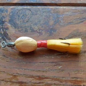 Handmade Stone Lure, Primitive Bucktail Jig, Hand Carved Stone Coaxer, Vintage Mid Century Fishing Lure