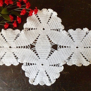 Hand Crocheted White Cross Lace Doily, Vintage Needlecraft, 13 x 9